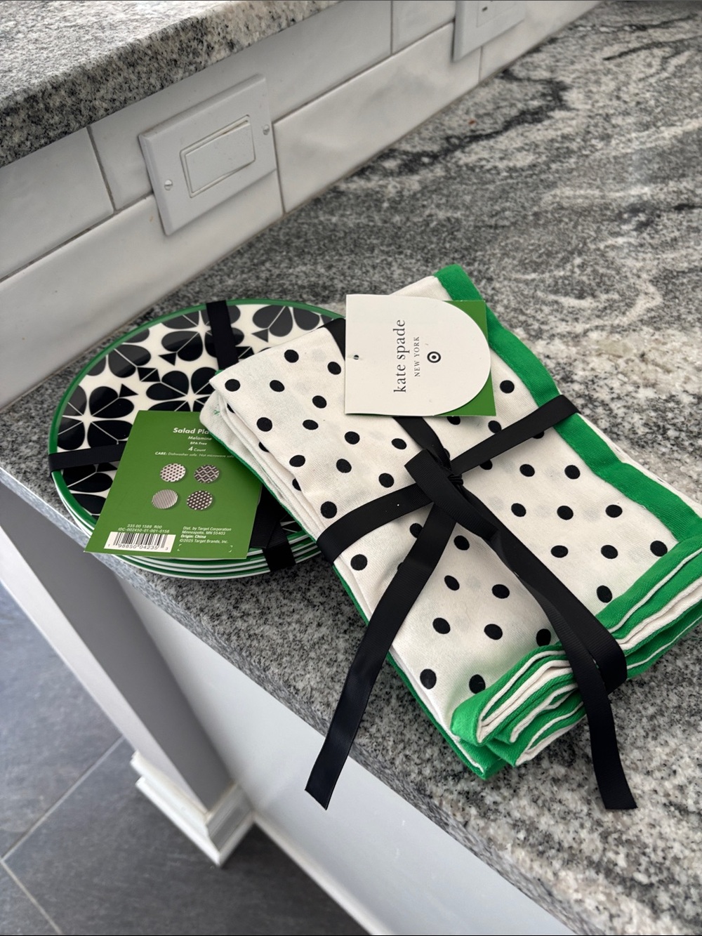 kate spade Black Polka Dot Cotton Napkins with Green Trim
